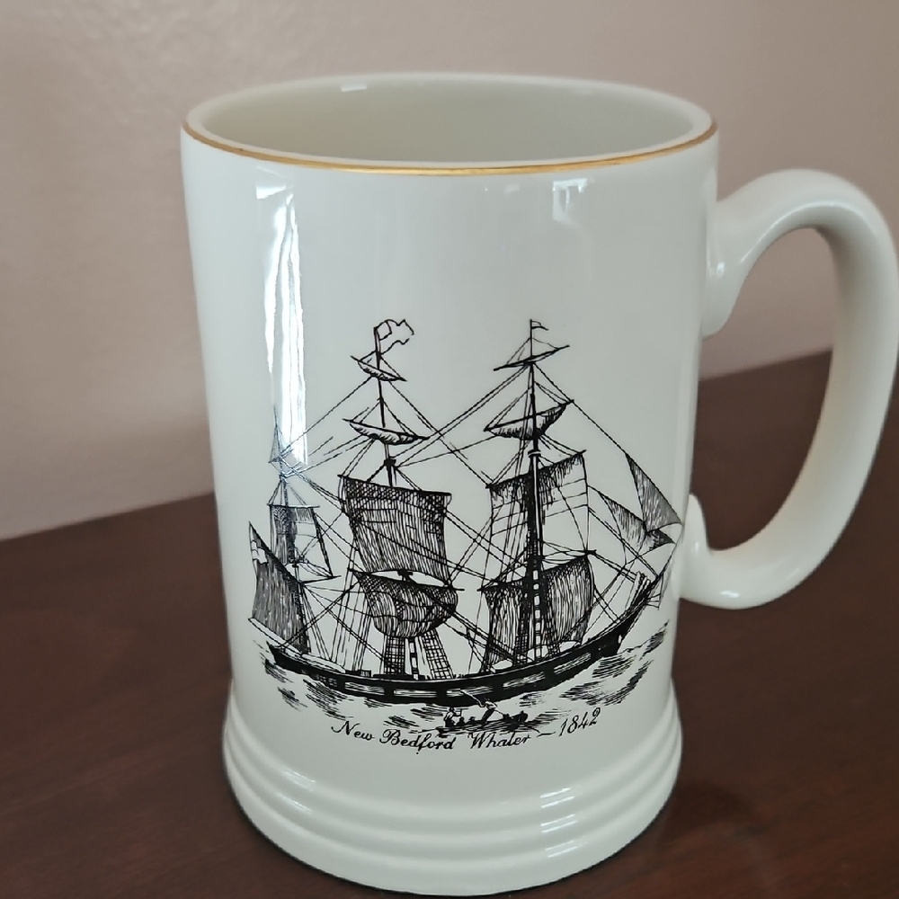 White Ceramic Mug with Ship Design